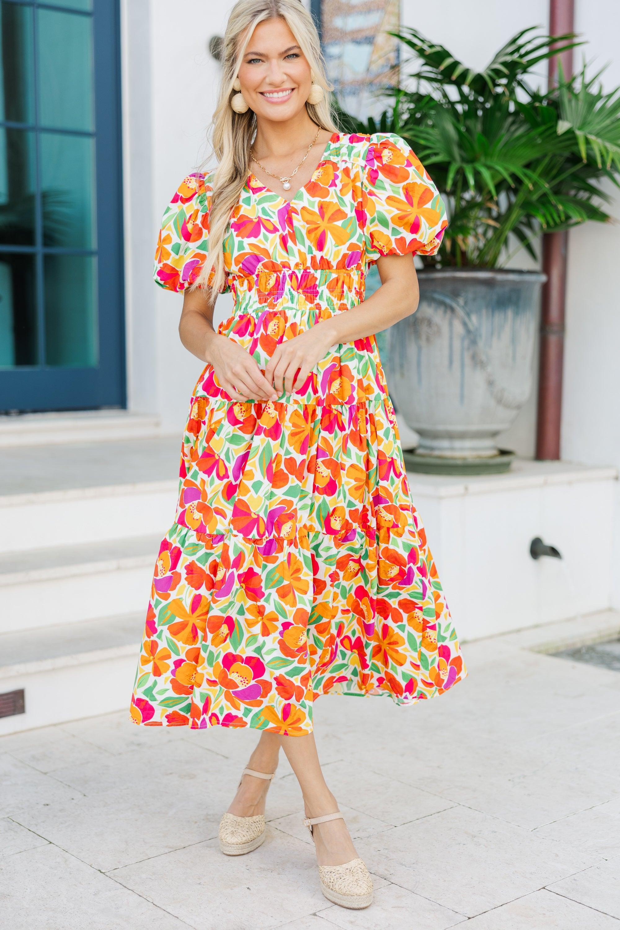 Fate: First Hand Coral Orange Floral Midi Dress Female product image