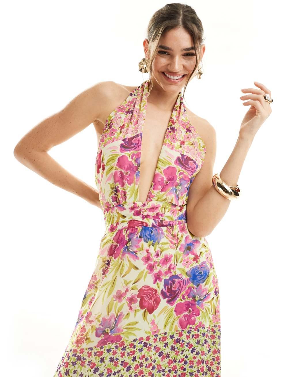 Vero Moda halterneck maxi dress in mixed floral print Product Image