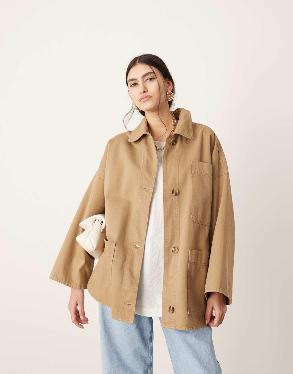 ASOS EDITION oversized mansy shacket in stone Product Image