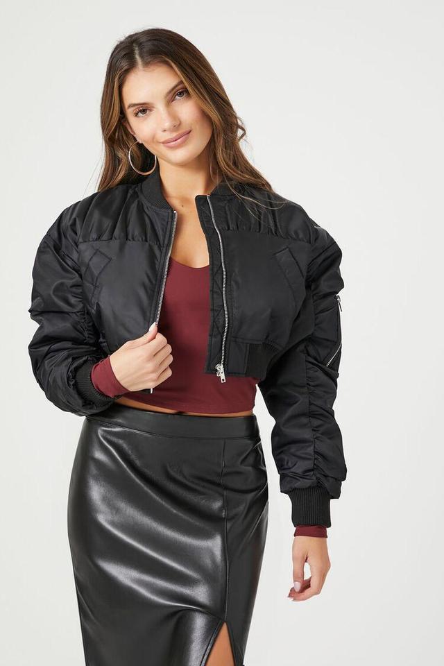 Ruched-Sleeve Cropped Bomber Jacket | Forever 21 Product Image