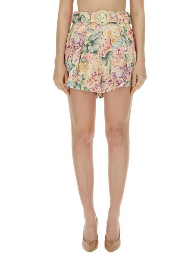 Halliday Belted Pleated Floral-print Linen Shorts In Multicolor Product Image