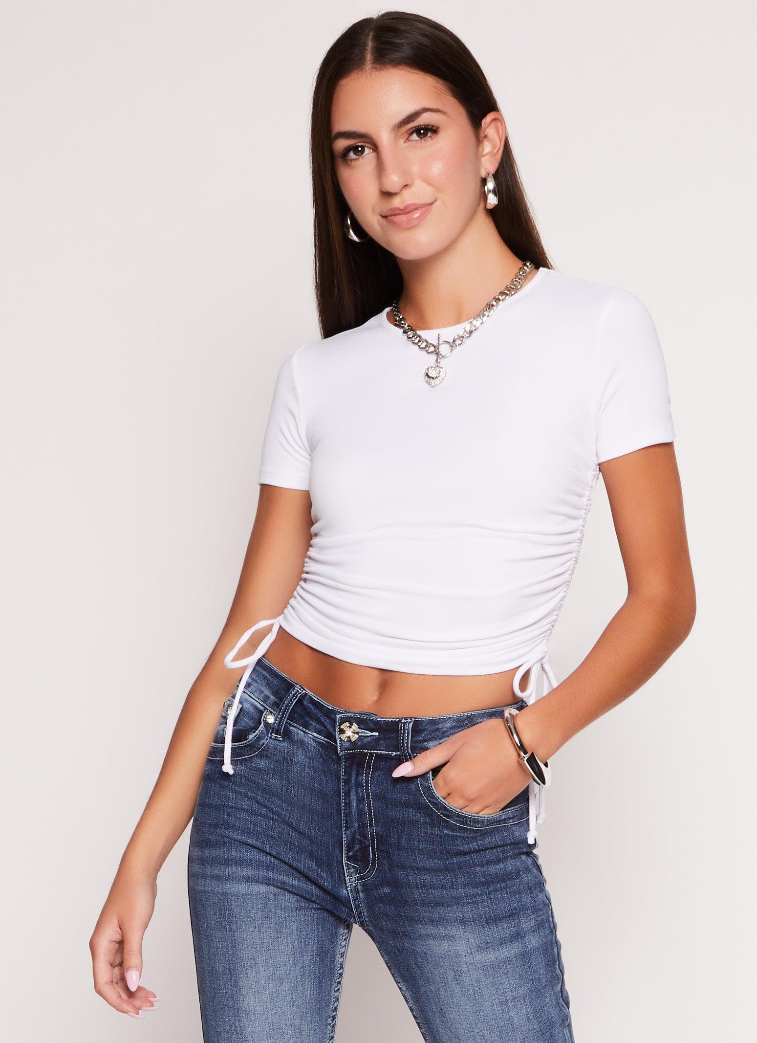 Womens Solid Crew Neck Ruched Side Crop Top Product Image