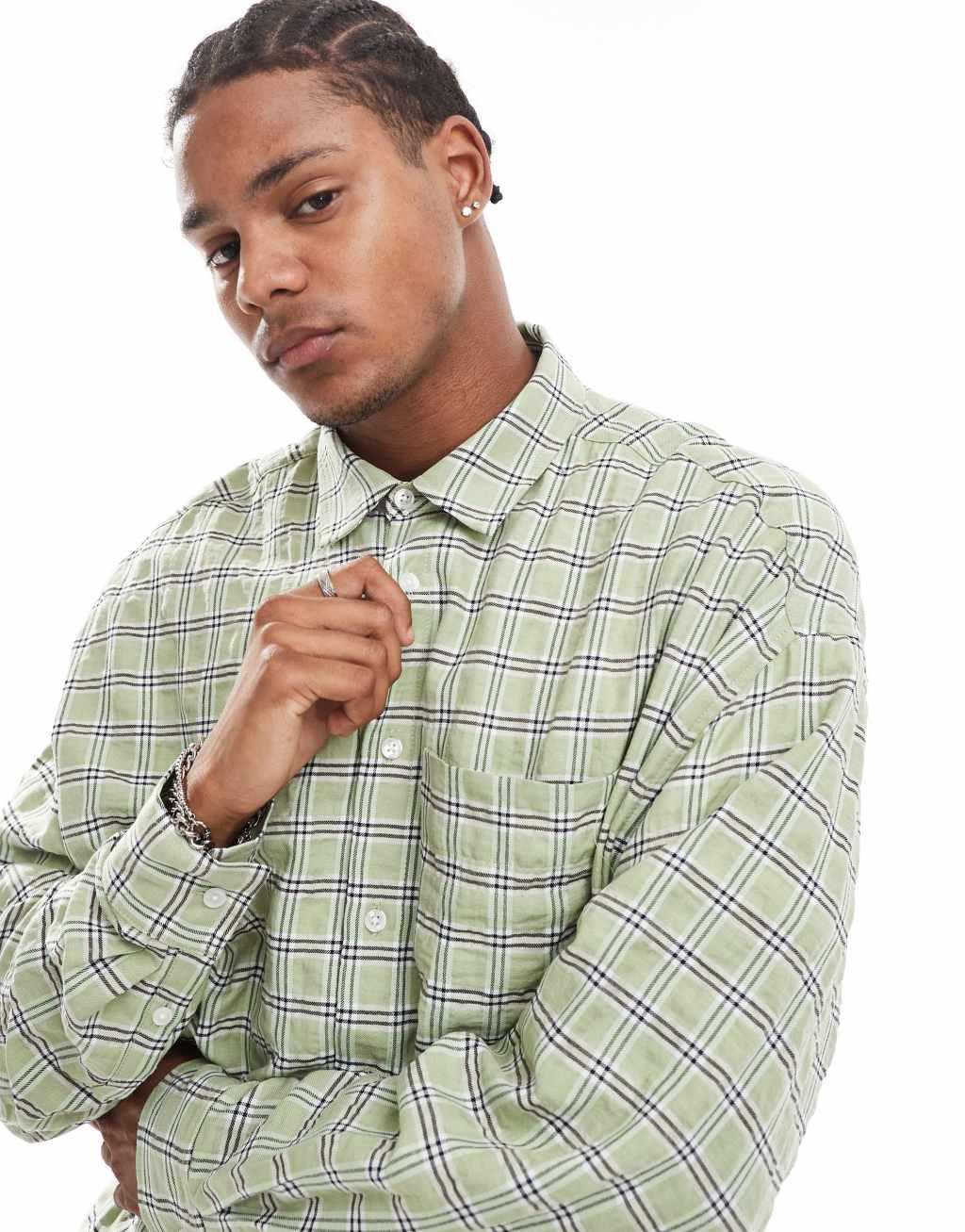 ASOS DESIGN oversized seersucker shirt in green check Product Image