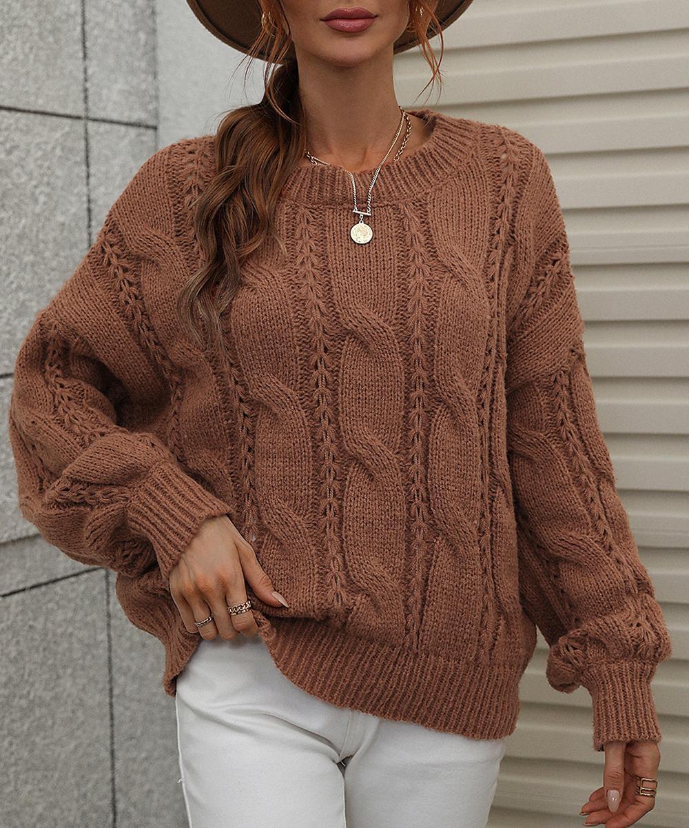 Floral Blooming Womens Pullover Sweaters Brown Cable-Knit Sweater - Women Product Image