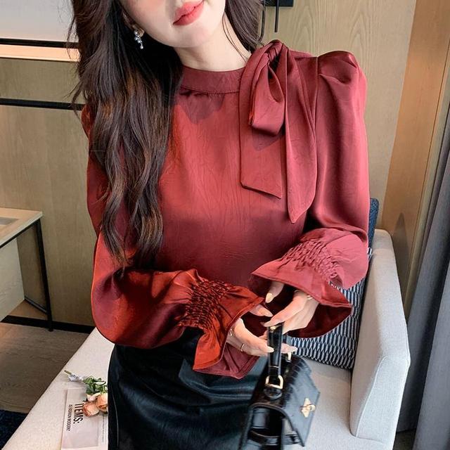 Long-Sleeve Mock Neck Plain Bow Satin Blouse Product Image