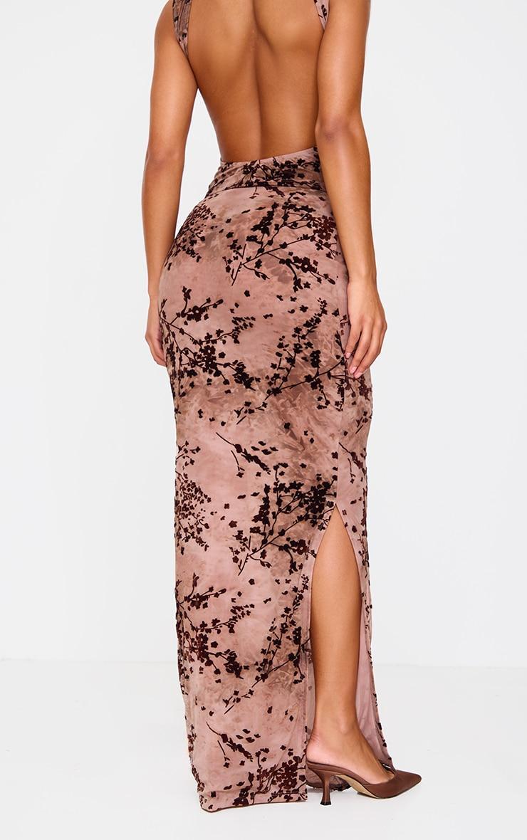 Mauve Floral Print Devore Mesh Ruched Maxi Skirt Product Image