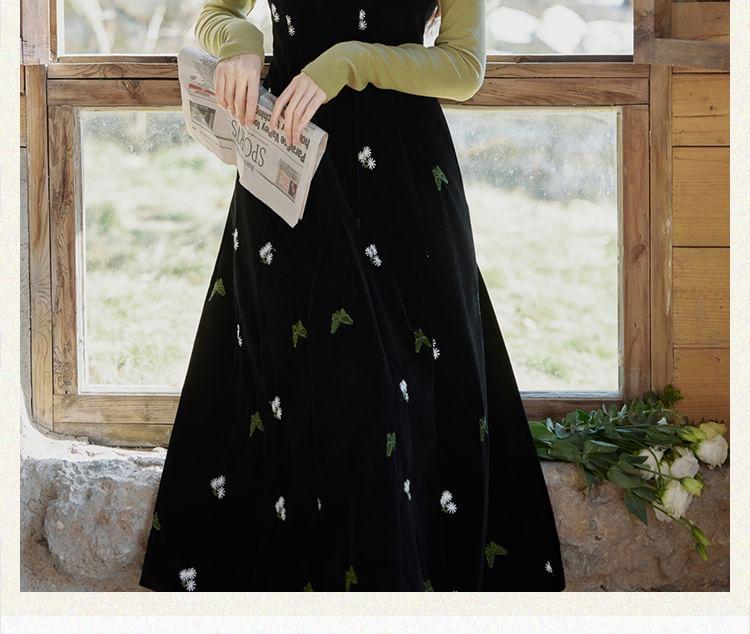 Long-Sleeve Turtleneck Plain Knit Top / Spaghetti Strap Butterfly Embroidered Velvet Midi A-Line Dress / Set Product Image