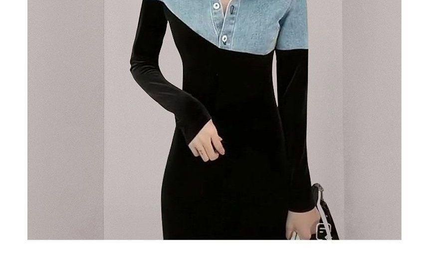 Mock Two-Piece Elbow-Sleeve Denim Panel Maxi Bodycon Dress Product Image