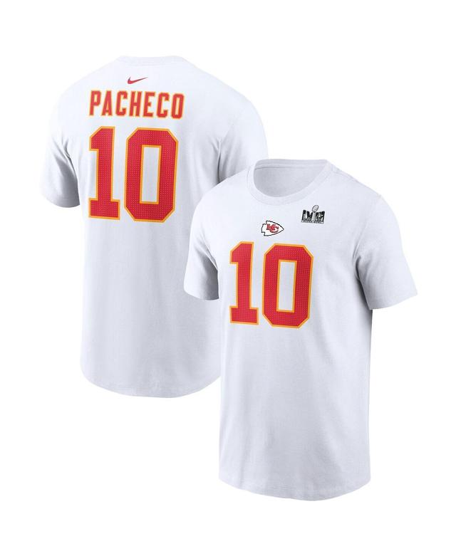 Mens Nike Isiah Pacheco White Kansas City Chiefs Super Bowl Lviii Patch Player Name and Number T-shirt Product Image