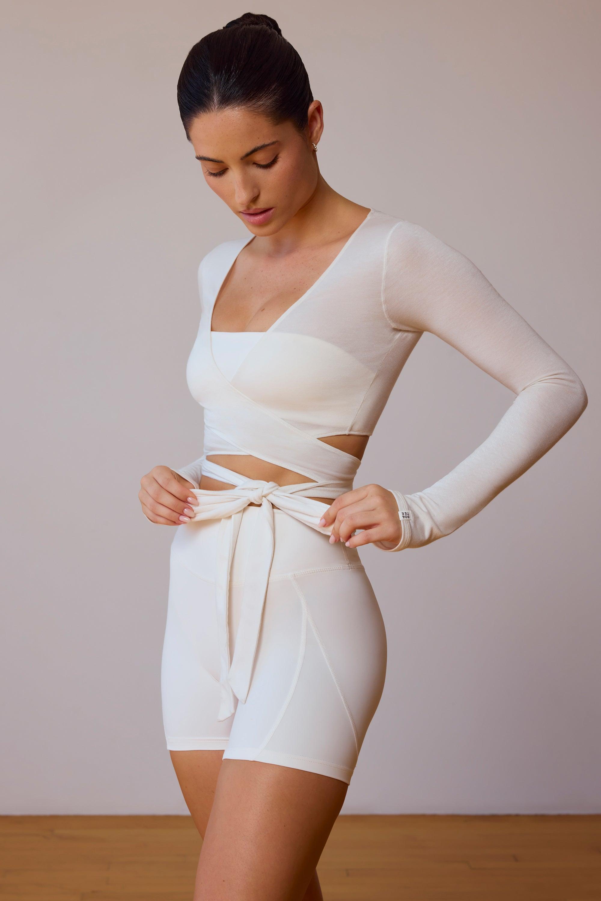 Long-Sleeve Wrap Crop Top in Soft White Product Image