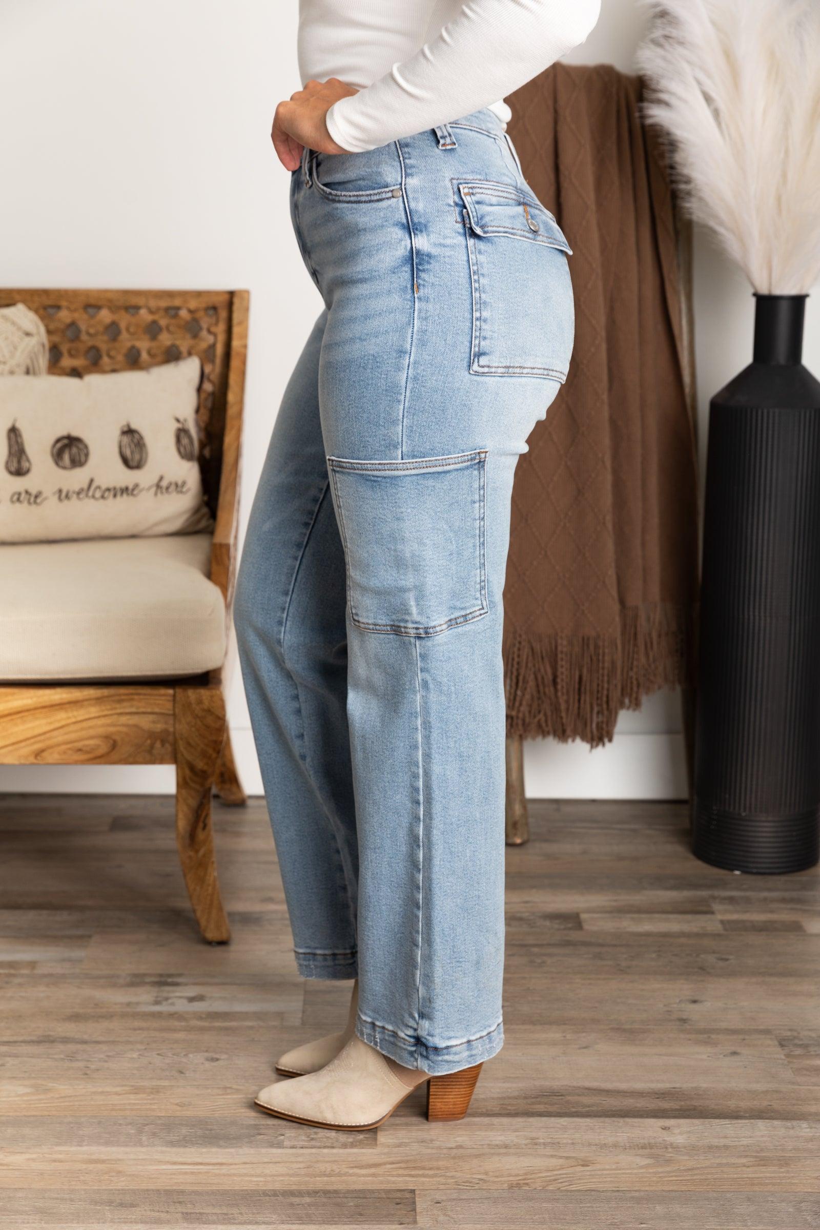 Judy Blue Light Wash Cargo Wide Leg Jeans Product Image