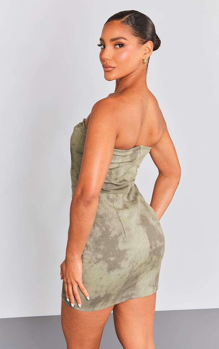 Khaki Acid Wash Twill Binded Bandeau Bodycon Dress Product Image