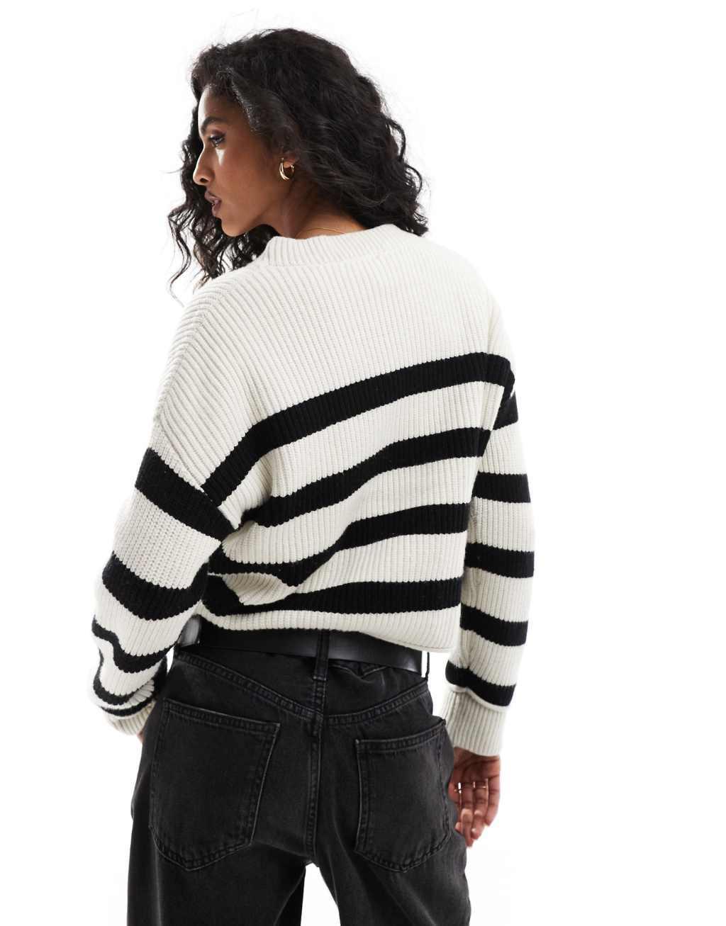 Pull&Bear ribbed knitted sweater in black and sand stripe Product Image