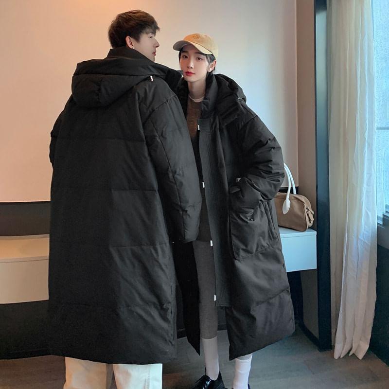 Couple Matching Stand Collar Plain Hood Midi Zip Puffer Coat Product Image