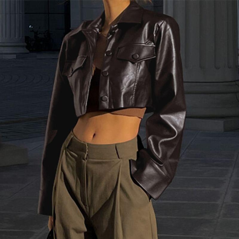 Collar Plain Faux Leather Crop Button Jacket Product Image