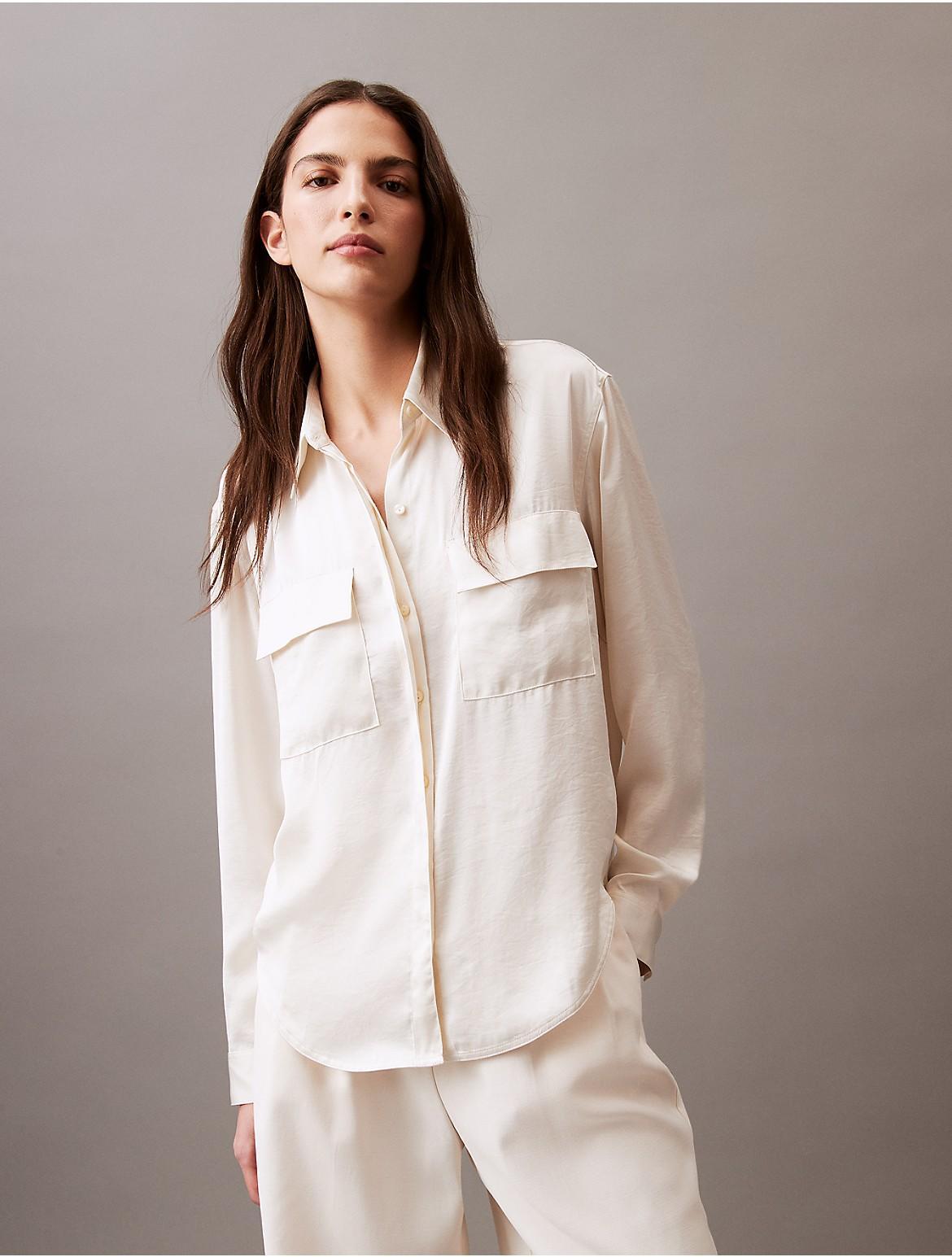 Calvin Klein Womens Crushed Satin Button-Down Shirt - White - XL Product Image