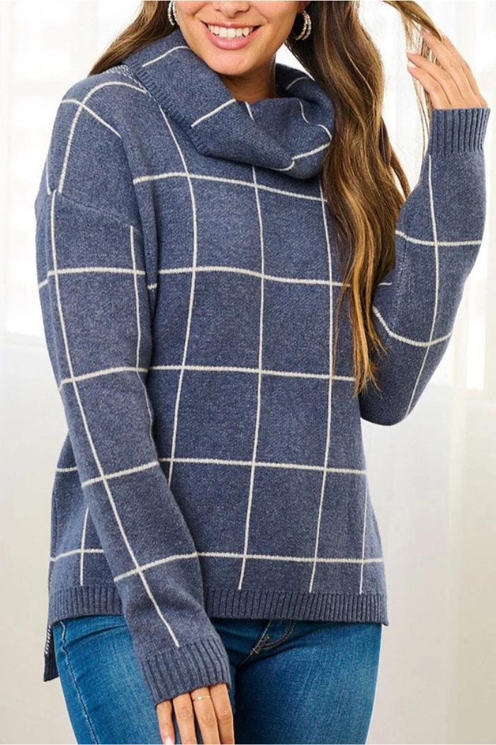 Turtle Neck Checkers Print Pullover Sweater Product Image