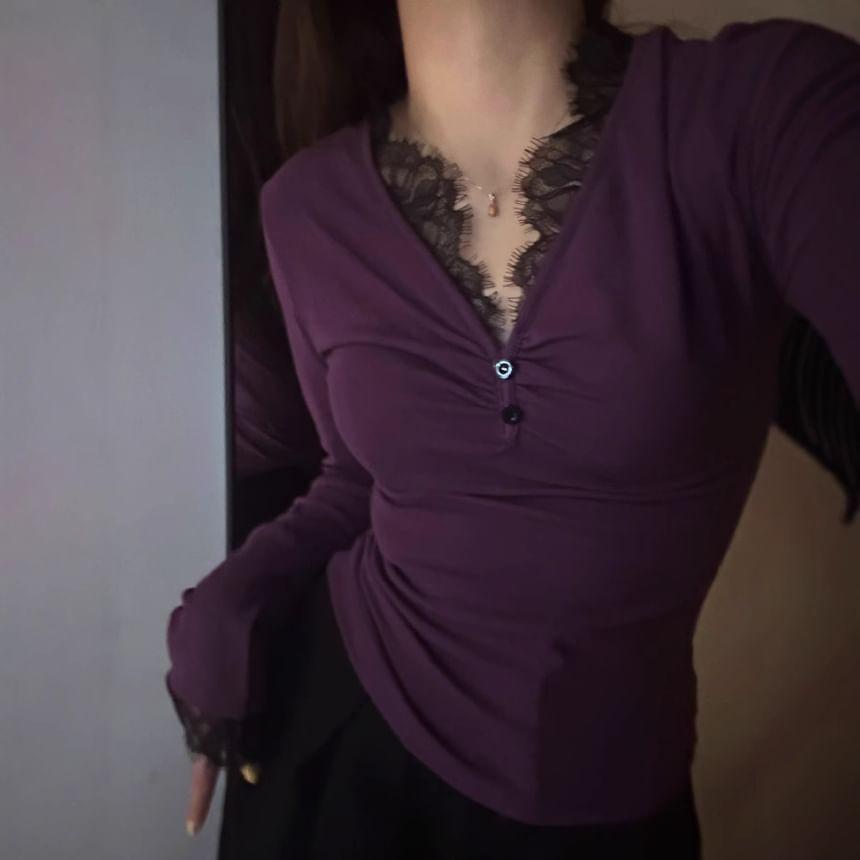 Long Sleeve V-Neck Lace-Trim Plain Slim-Fit Top Product Image