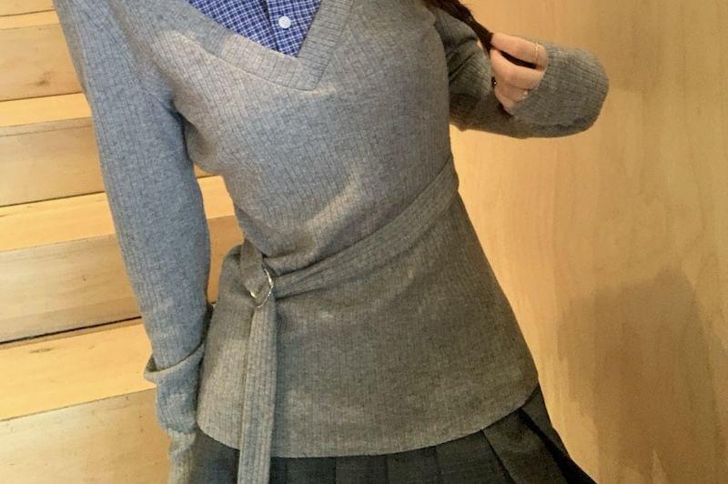 Mock Two-Piece Long-Sleeve Collar Plaid Panel Slim Fit T-Shirt / High Rise Plaid Pleated Mini A-Line Skirt Product Image