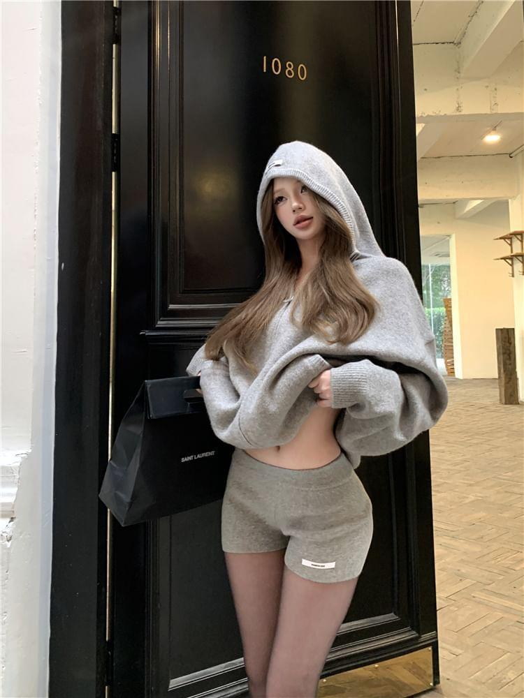 Set: Oversized Hooded Zipper Cardigan + Knit Shorts Product Image