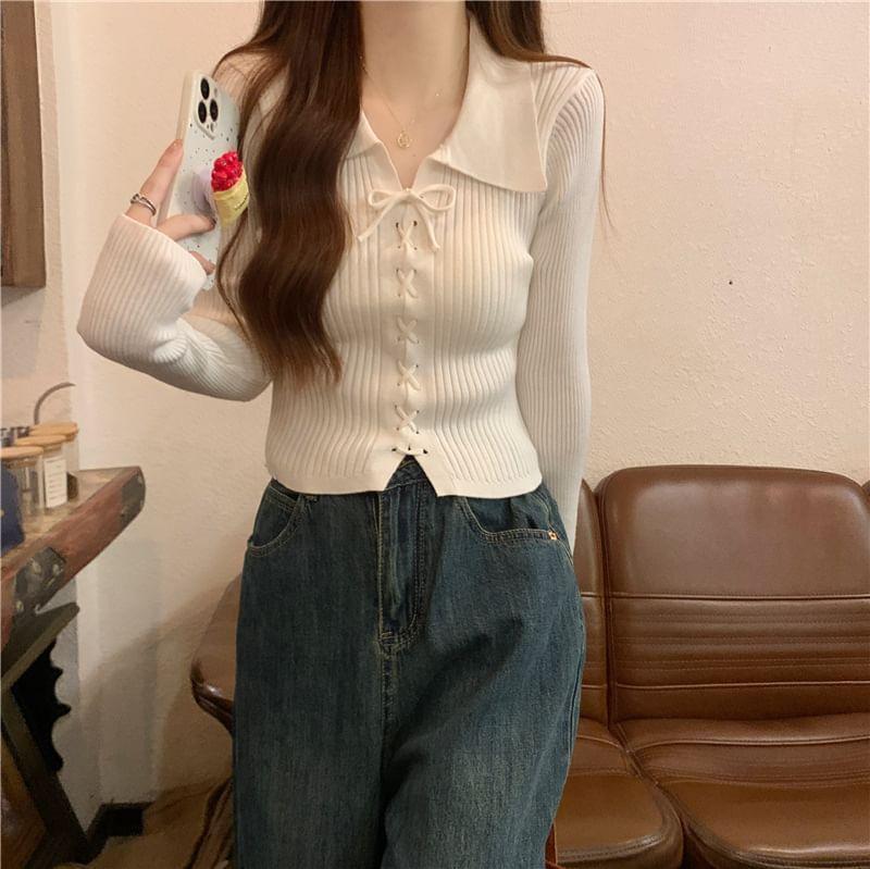 Long-Sleeve Collar Lace-Up Ribbed Knit Top Product Image