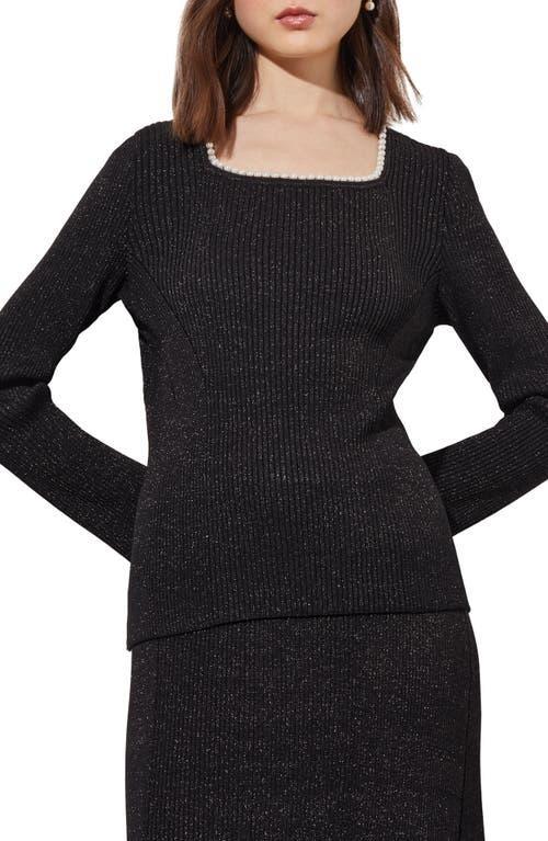 Ming Wang Imitation Pearl Collar Shimmer Rib Sweater Product Image