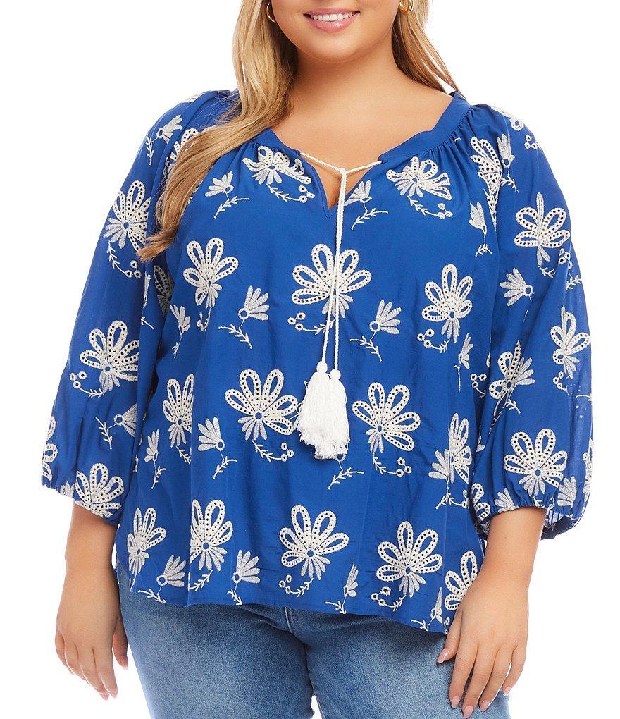 Karen Kane Plus Size Floral Embroidered Tassel Split V-Neck 3/4 Blouson Sleeve Top product image