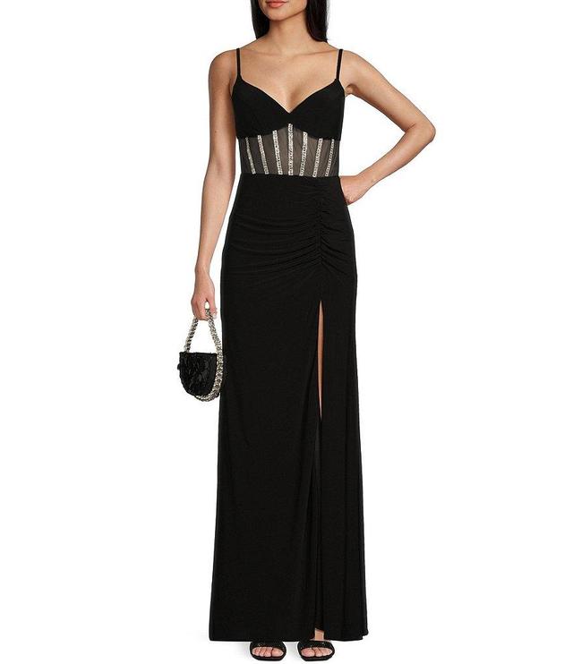 Morgan & Co. Rhinestone Trim Mesh Corset Bodice Ruched Side Slit Long Dress Product Image