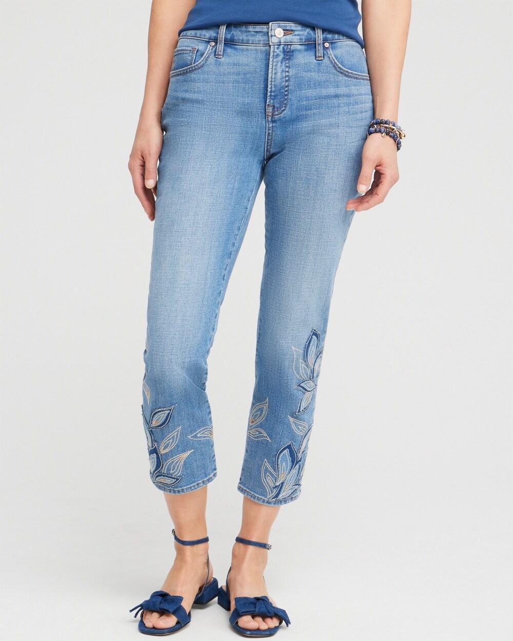 Petite Girlfriend Tonal Applique Cropped Jeans Product Image