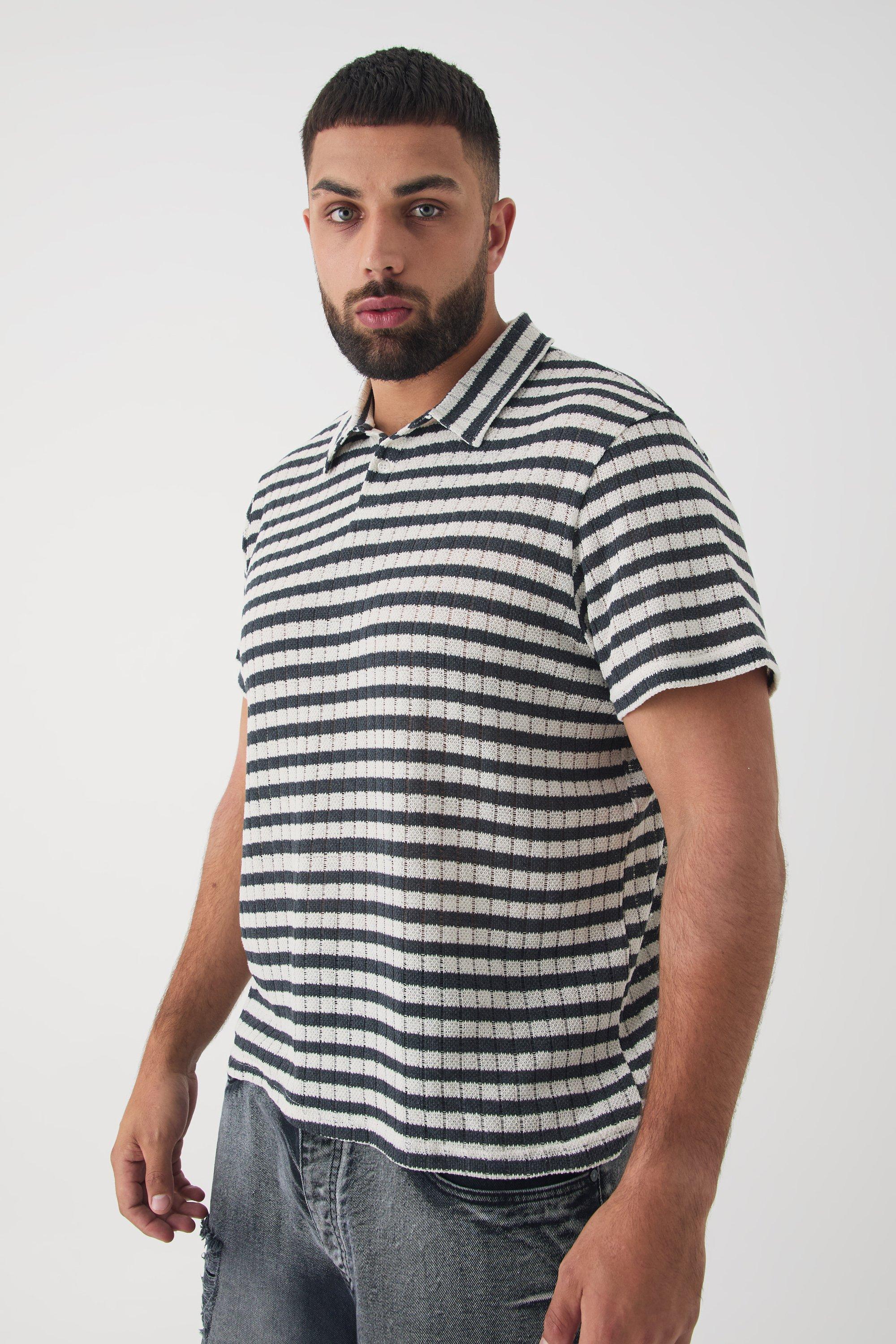 Plus Textured Stripe Polo | boohooMAN USA Product Image