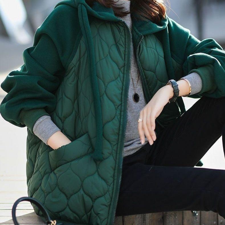 Hooded Plain Quilted Zip Up Jacket Product Image