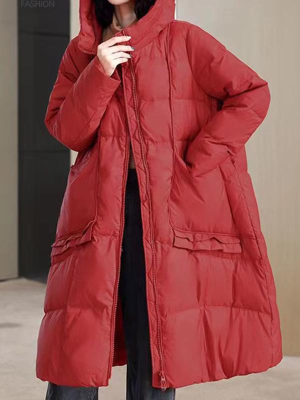 Long Sleeves Loose Pockets Solid Color Split-Joint Hooded Down Coat Product Image