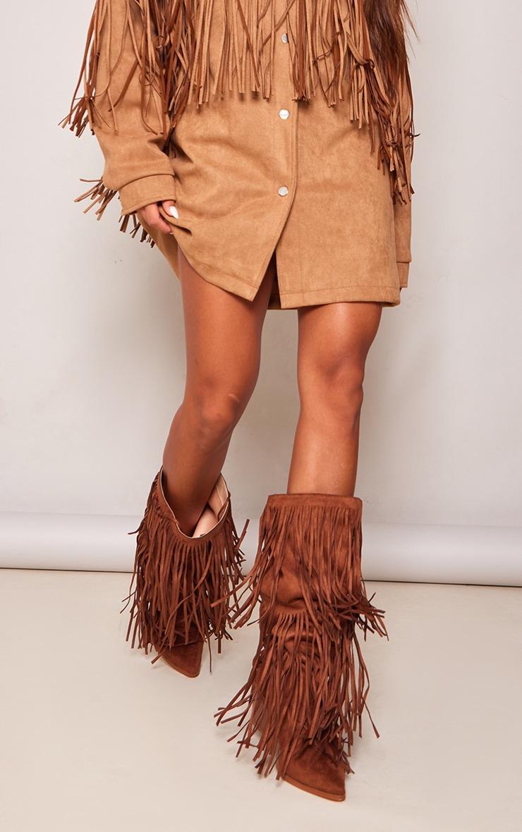 Tan Faux Suede Fringe Western Block Heel Knee Boots product image