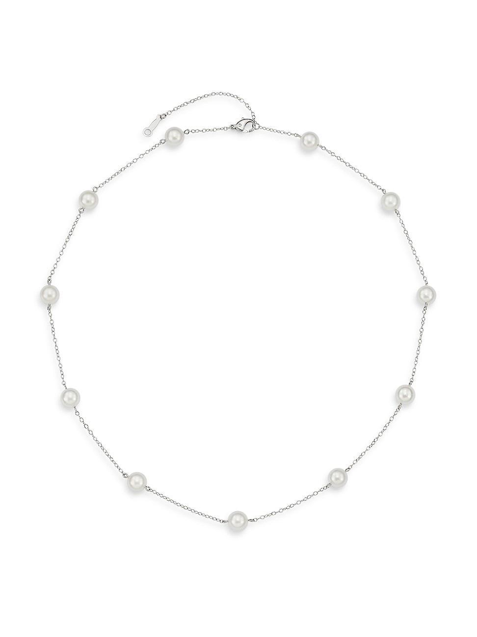 Womens 18K White Gold & 6.5MM Cultured Akoya Pearl Station Necklace Product Image