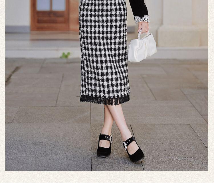 Collared Plain Lace Trim Button Cardigan / High Rise Plaid Midi Pencil Skirt / Set Product Image