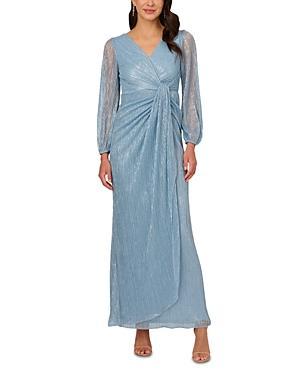 Adrianna Papell Metallic Long Sleeve Surplice V-Neck Ruched Detailed Draped Gown Product Image