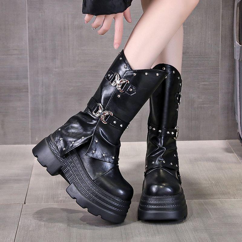 Platform Buckle Mid Calf Boots Product Image