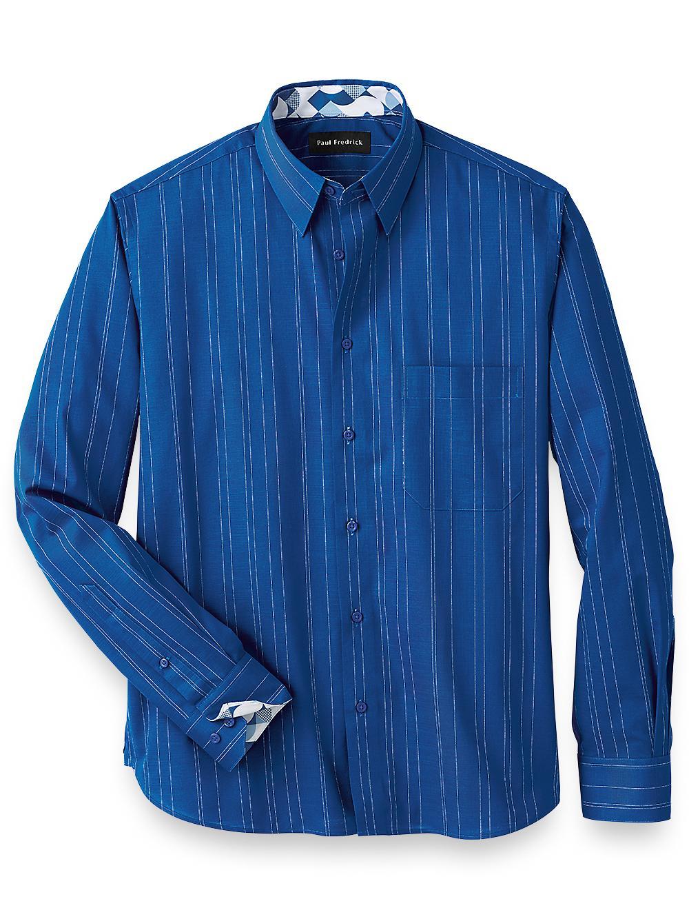 Cotton Stripe Casual Shirt With Contrast Trim - Blue Product Image