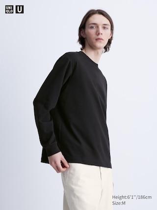 Airism Cotton Crew Neck T-Shirt Long-Sleeve Black 3XL UNIQLO US Product Image