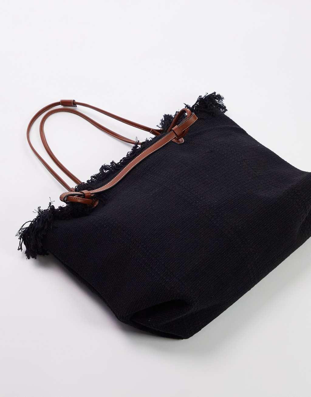 Topshop Jordan fringed canvas bag in black Product Image