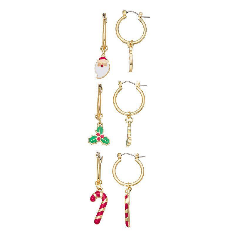 Celebrate Together Santa Claus, Christmas Holly & Candy Cane Hoop Drop Earring Set, Womens, Gold Tone Product Image