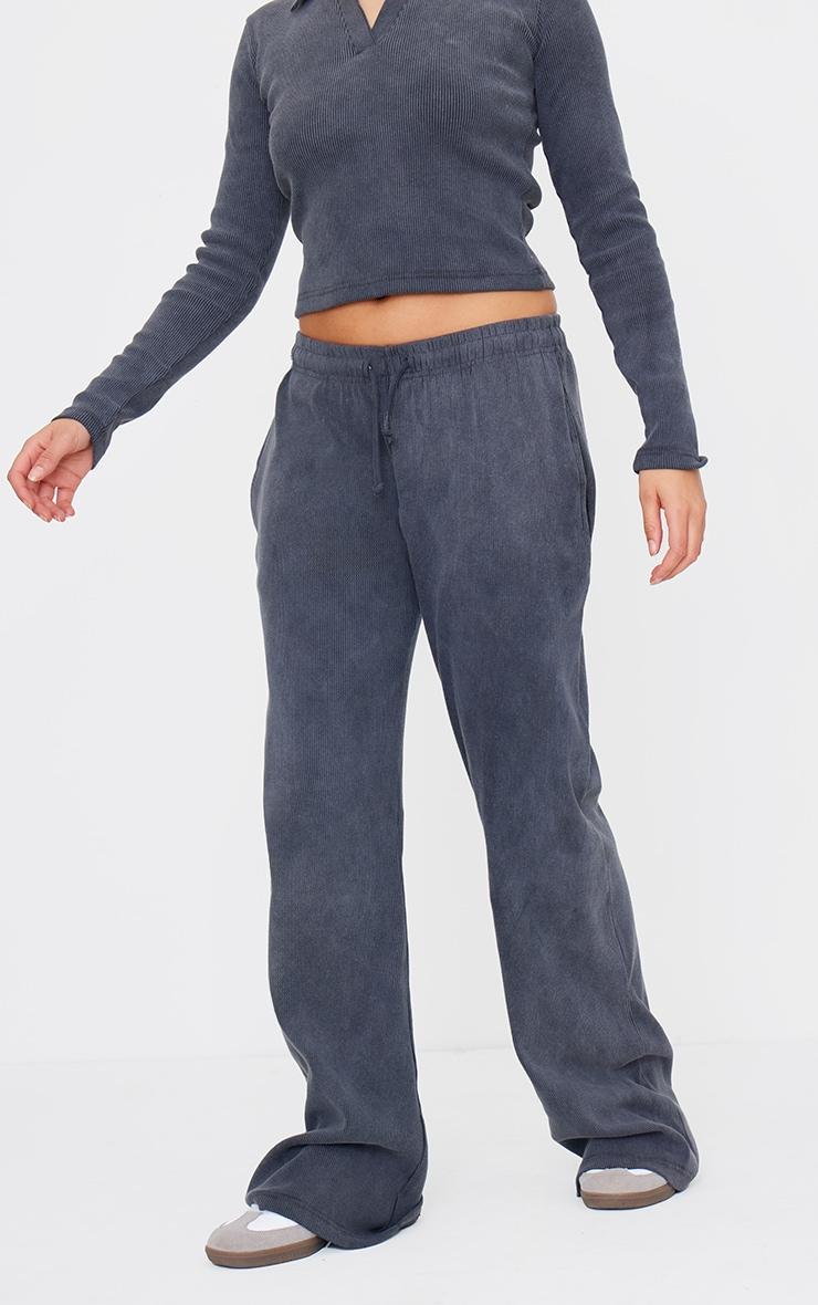 Charcoal Washed Ribbed Wide Leg Pants Product Image