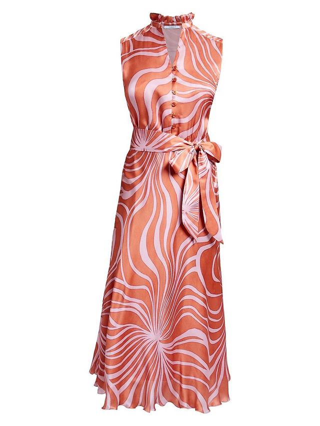 Womens Printed Silk Tie-Waist Midi-Dress Product Image