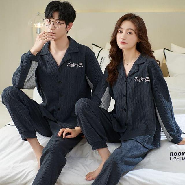 Couple Matching Loungewear Set : Long-Sleeve Color Block Bear Print Top + Pants Product Image