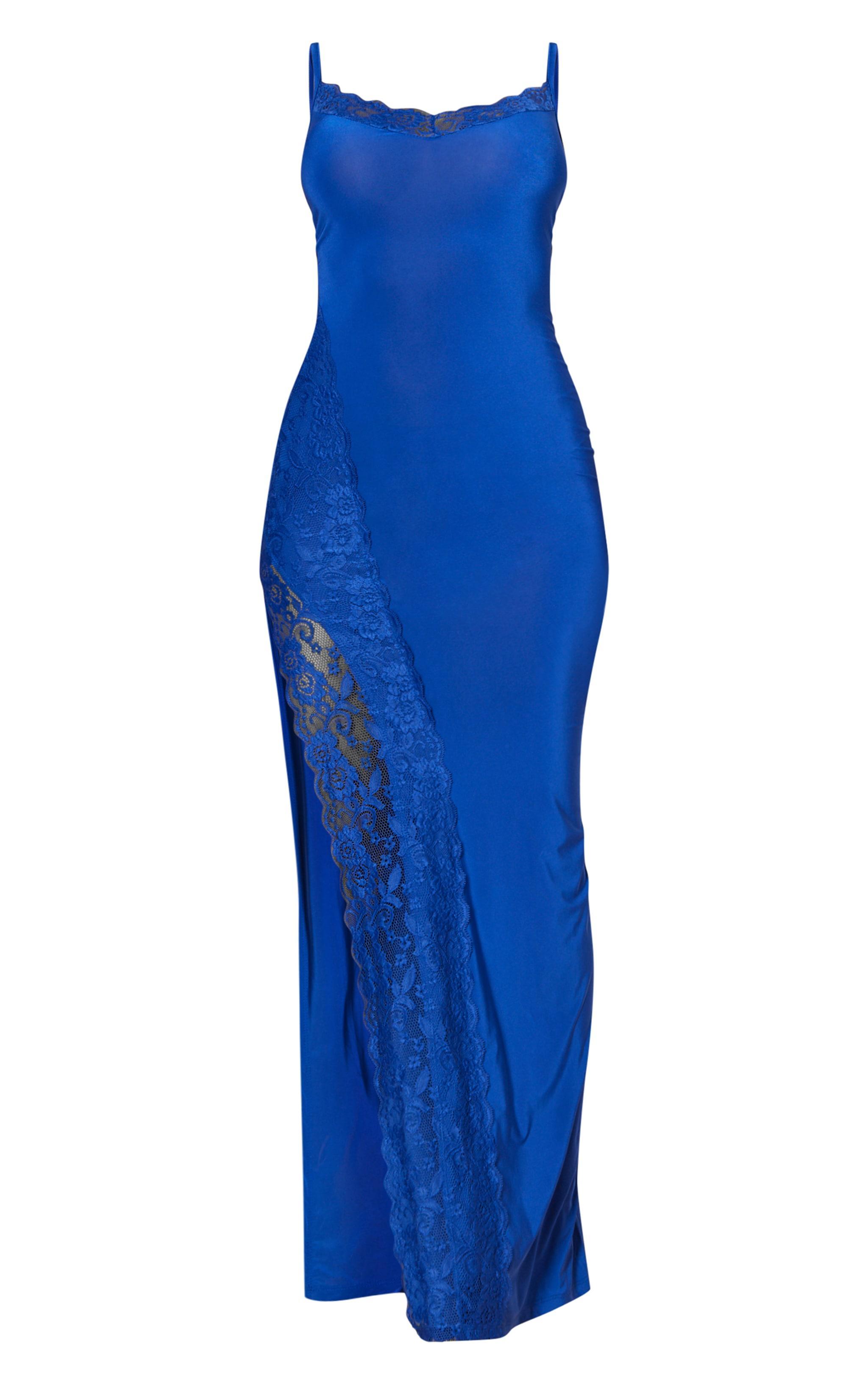 Cobalt Slinky Lace Trim Split Detail Maxi Dress Product Image