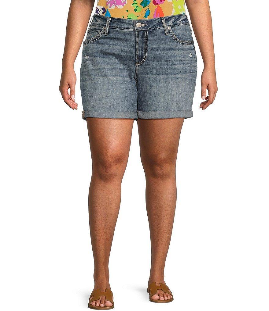 Silver Jeans Co. Plus Size Mid Rise Luxe Stretch Distressed Details Rolled Hem Boyfriend Shorts Product Image