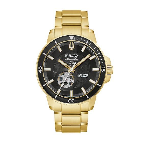 Men's Bulova Marine Star Gold-Tone Automatic Watch with Black Skeleton Dial (Model: 97A174) Product Image