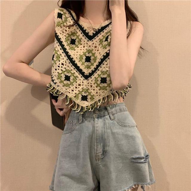 Patterned Asymmetrical Crochet Knit Crop Tank Top Product Image