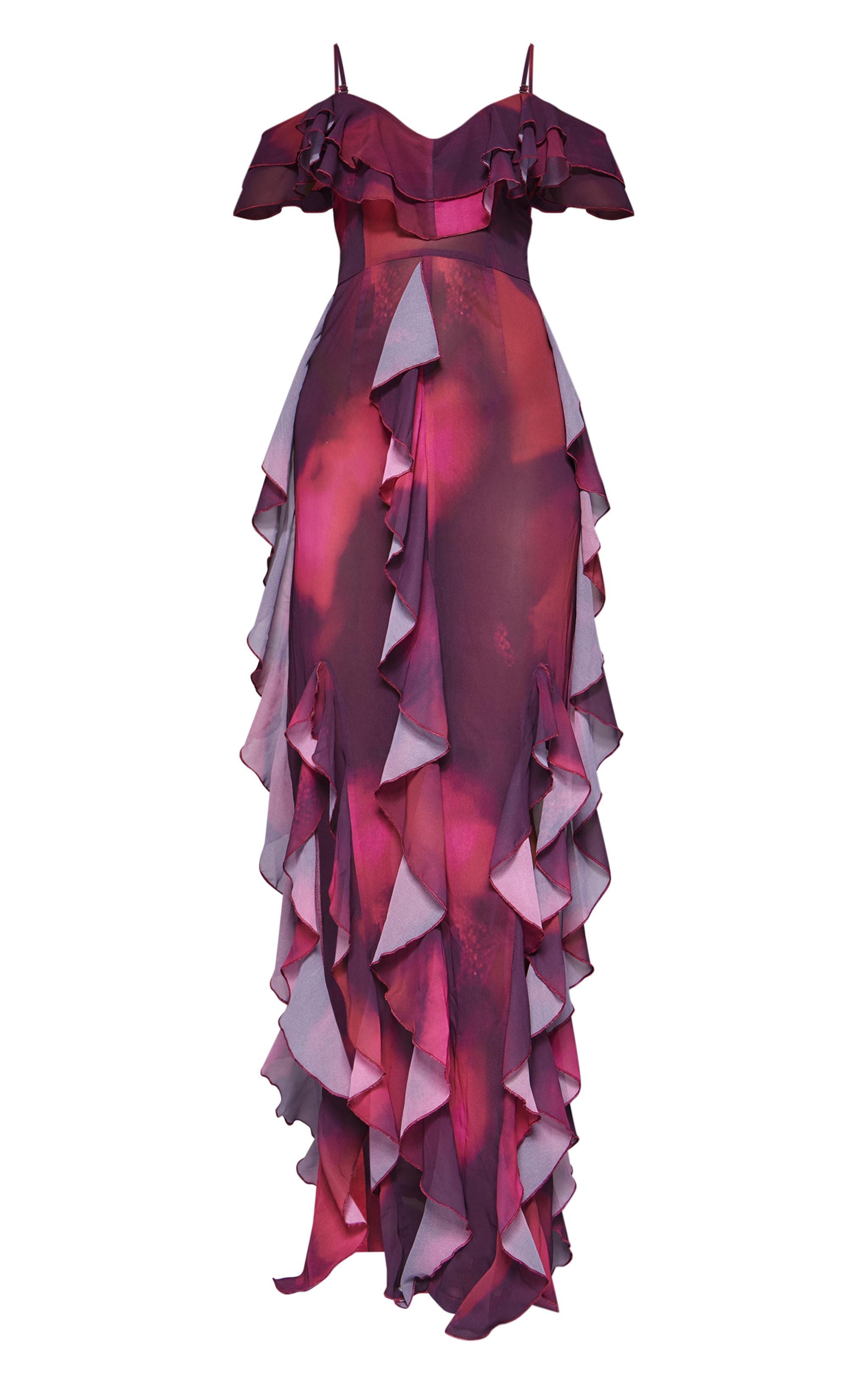 Purple Abstract Cold Shoulder Ruffle Detail Maxi Dress Product Image