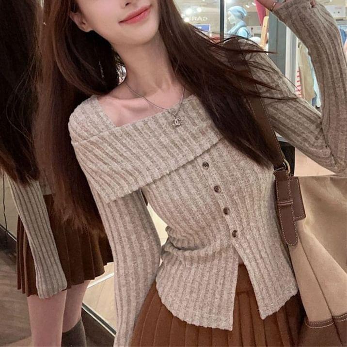 Long Sleeve Square-Neck Plain Ribbed-Knit Button-Detail Slim-Fit Sweater Product Image